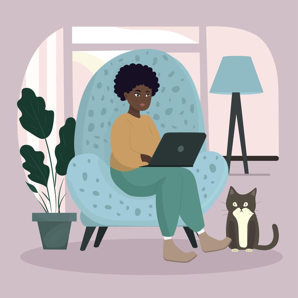 Home office concept, woman working from home sitting on an armchair, student or freelancer. vector