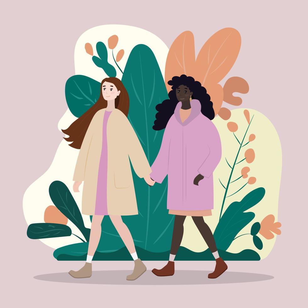 pareja de dos mujeres caminando en el parque, tomados de la mano. vector