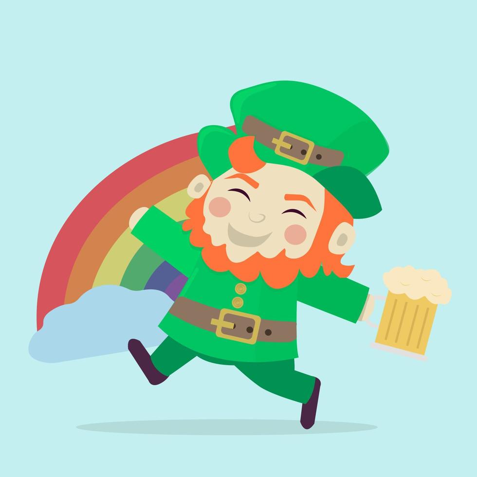 Happy St. Patrick's day leprechaun with beer and rainbow. St. Patrick's day concept. vector