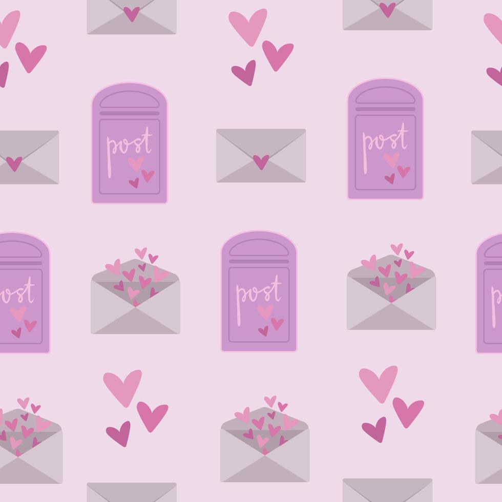St. Valentine's day seamless pattern. Wrapping paper pattern with pink hearts, mailbox and love letters. vector