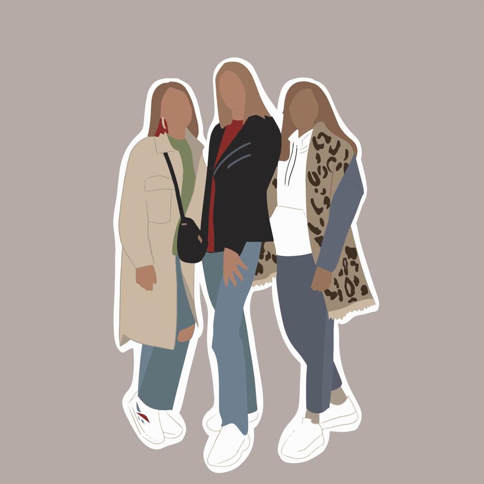 Flat fashion illustration concept. Illustration of three friends. Free young women standing. vector
