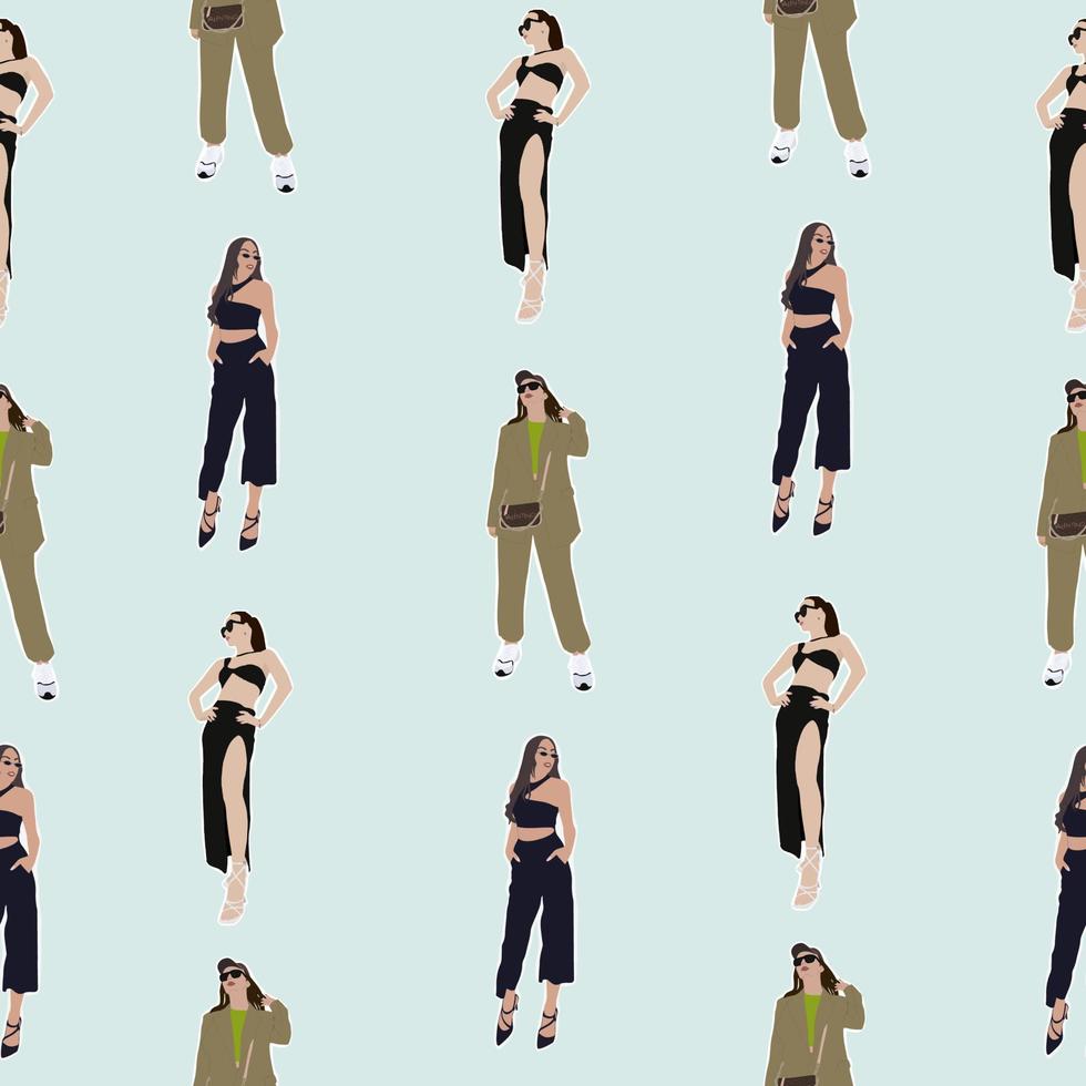 Flat fashion illustration concept. Seamless pattern with stylish young women. vector