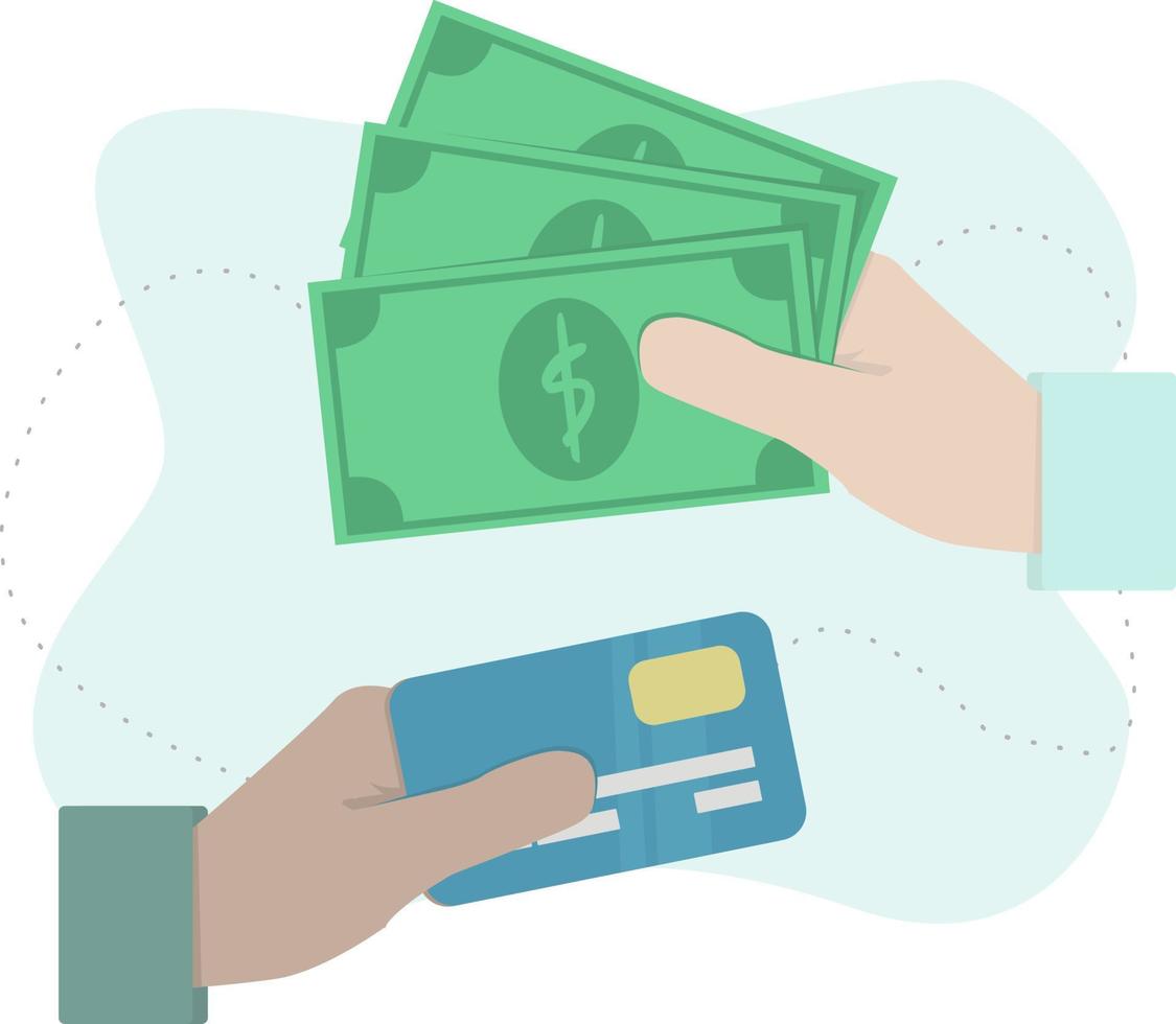 Money payments transfer concept. Hands holding money and credit card, ready to make payments. vector