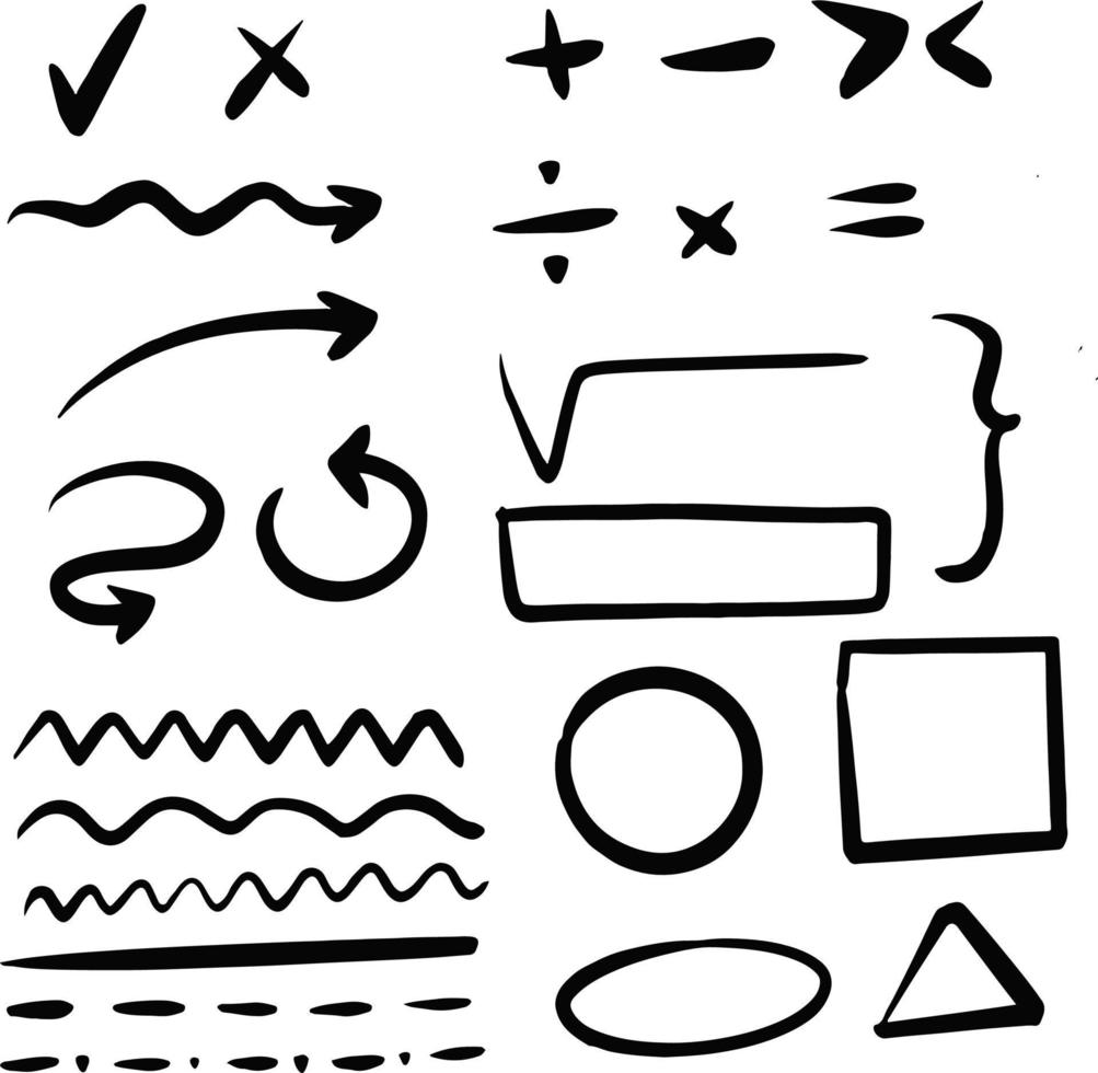 Set of geometric shapes and math signs sketches on white background. vector