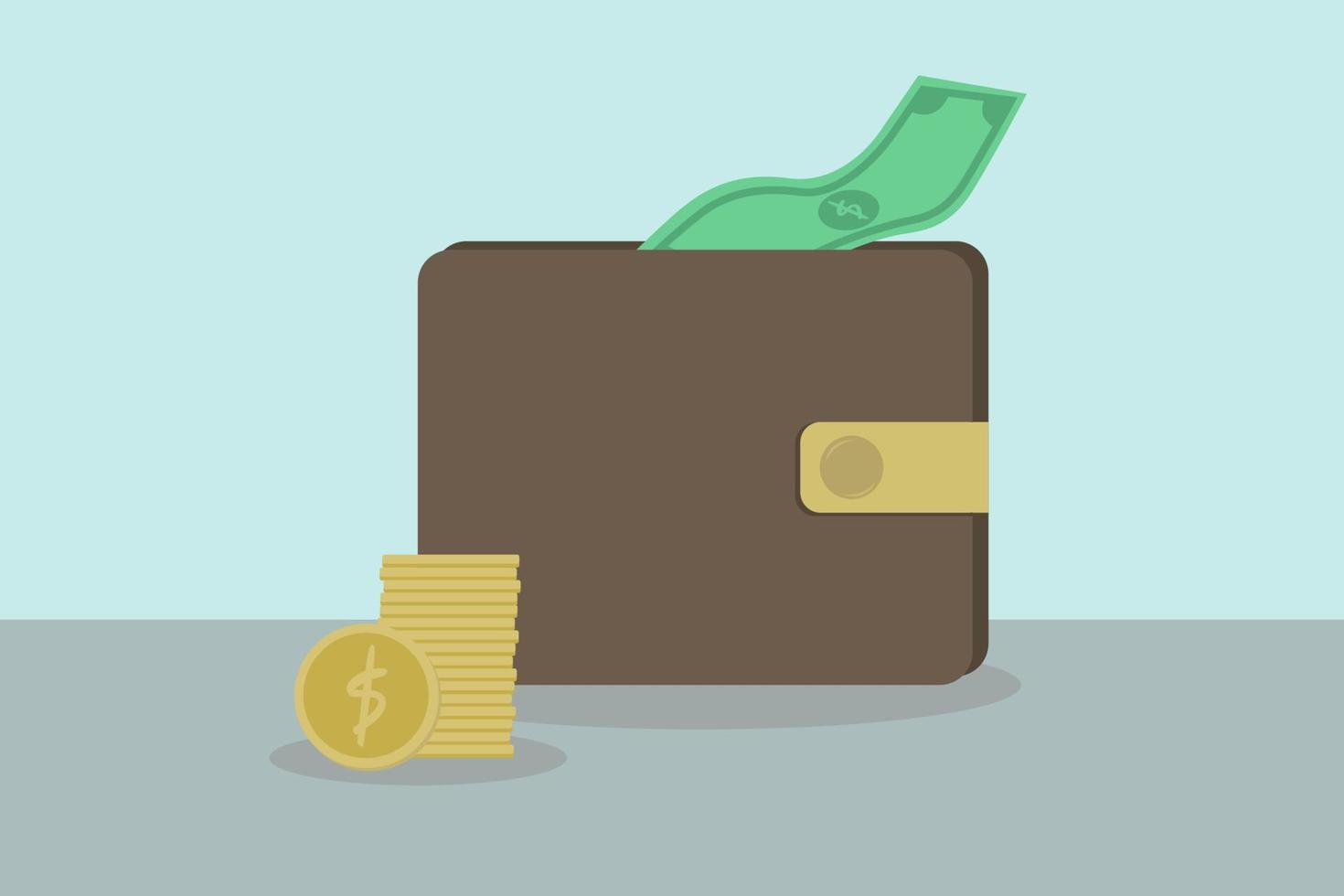 Vector illustration of brown wallet with money, coins. Business concept.