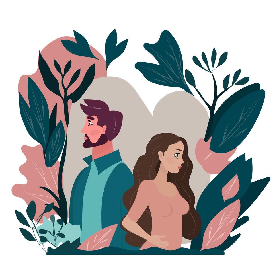 pareja de hombre y mujer caminando en el parque, de pie en el parque. ilustración de estilo de dibujos animados plana vector