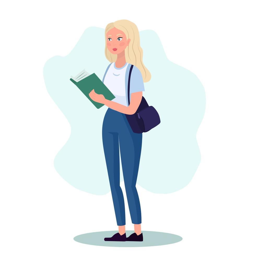 Educational concept, young woman standing with book. Flat cartoon style illustration vector