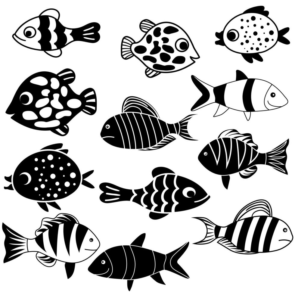 conjunto de vectores de iconos de peces. colección de signos de ilustración de acuario. símbolo del océano. logotipo de pescado divertido.