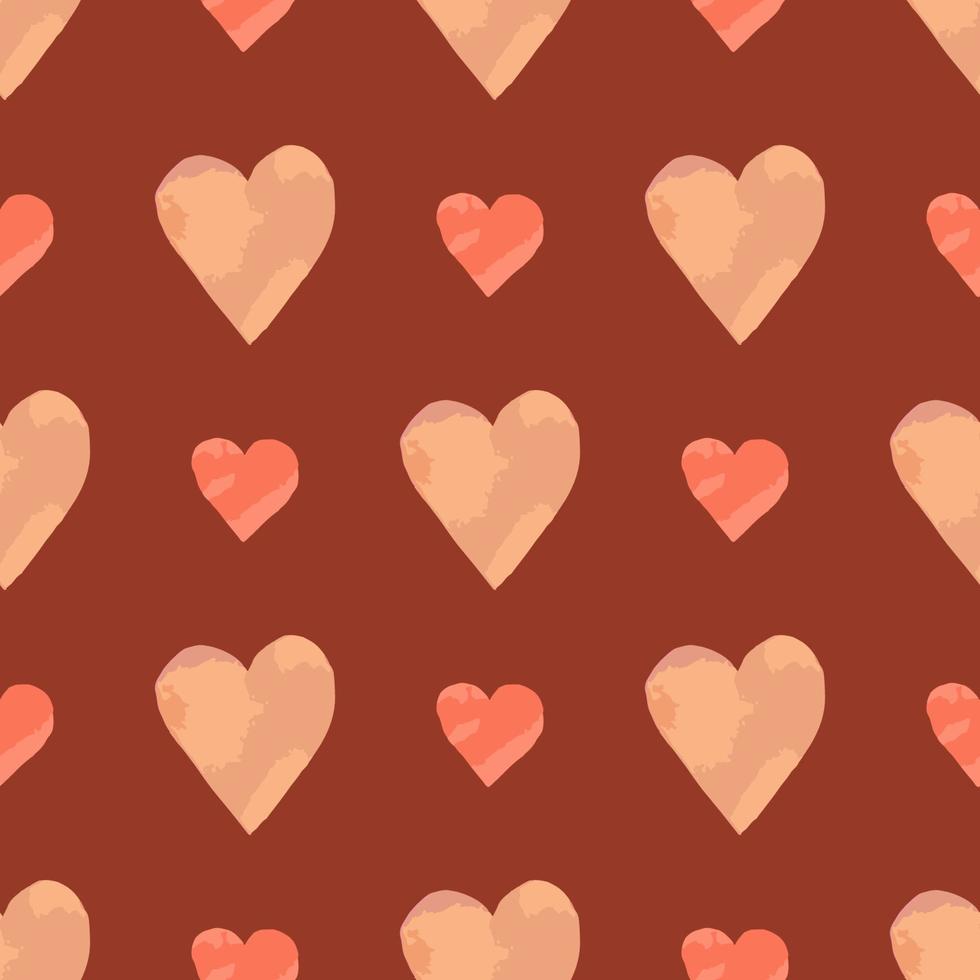 Seamless pattern with watercolor hearts on a red background. Vector illustration.