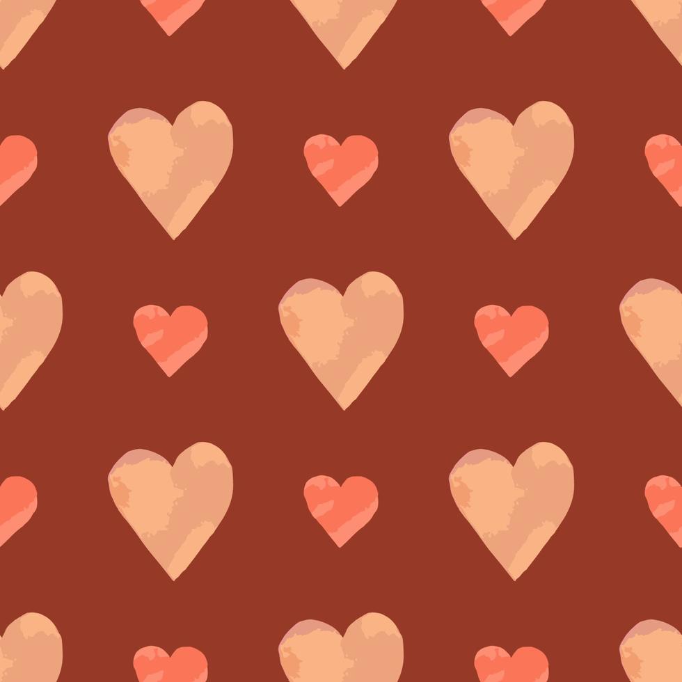 Seamless pattern with watercolor hearts on a red background. Vector illustration.