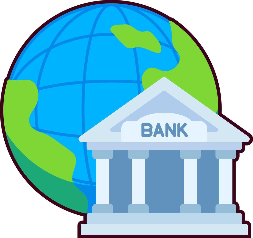 banco internacional inversión financiera global negocio pago mundo plano con pegatina negra vector