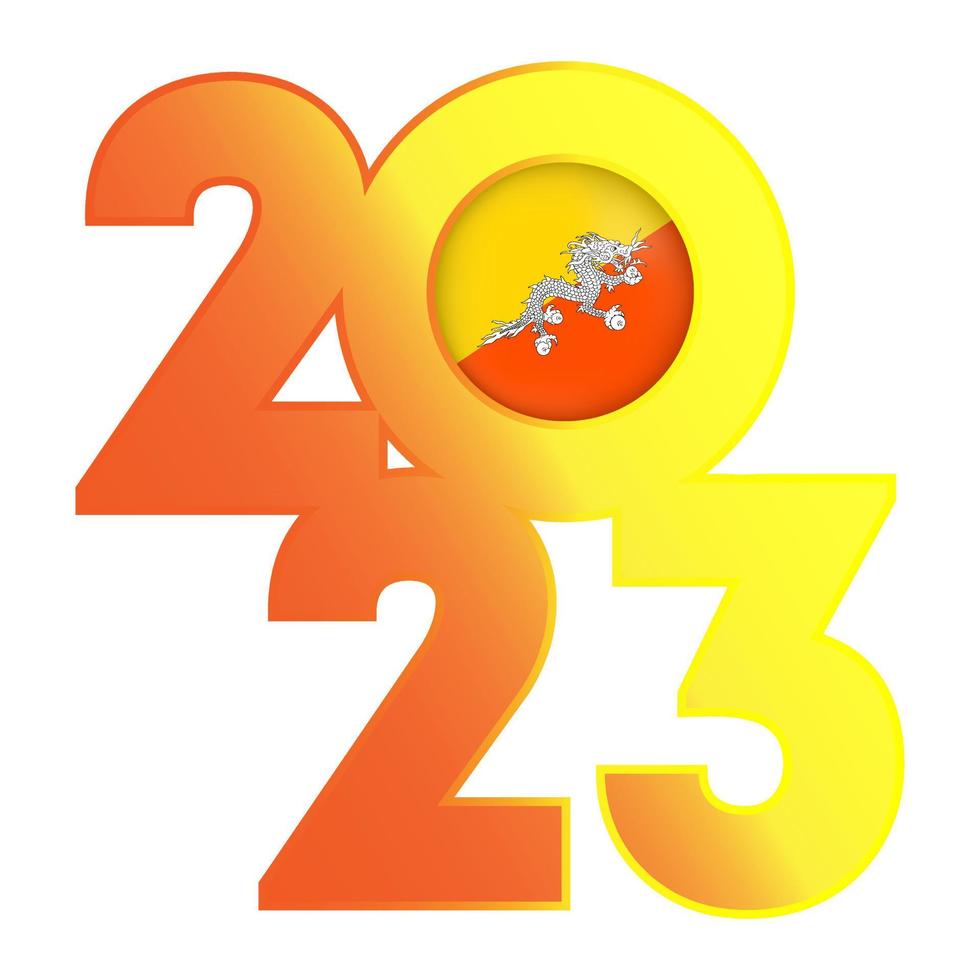 Happy New Year 2023 banner with Bhutan flag inside. Vector illustration.