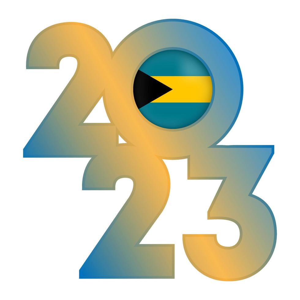 Happy New Year 2023 banner with Bahamas flag inside. Vector illustration.