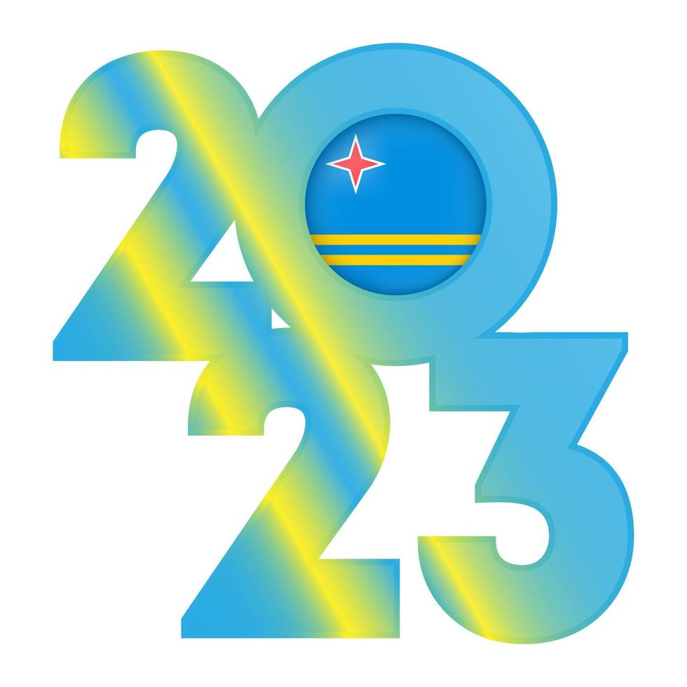 Happy New Year 2023 banner with Aruba flag inside. Vector illustration.