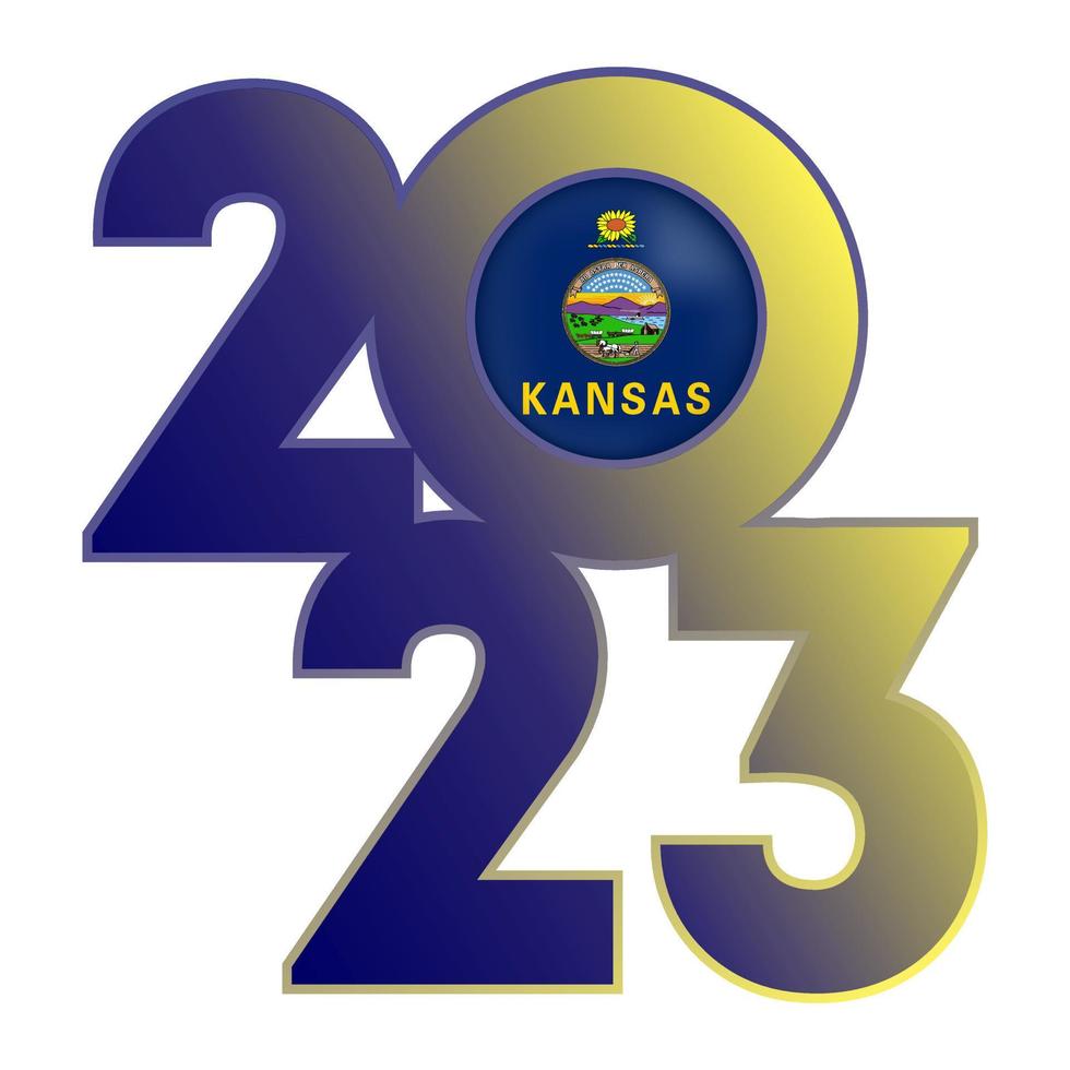 2023 banner with Kansas state flag inside. Vector illustration.