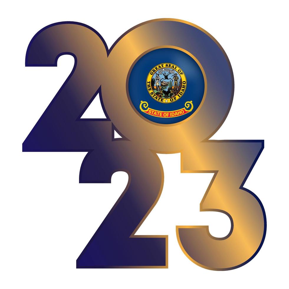 2023 banner with Idaho state flag inside. Vector illustration.