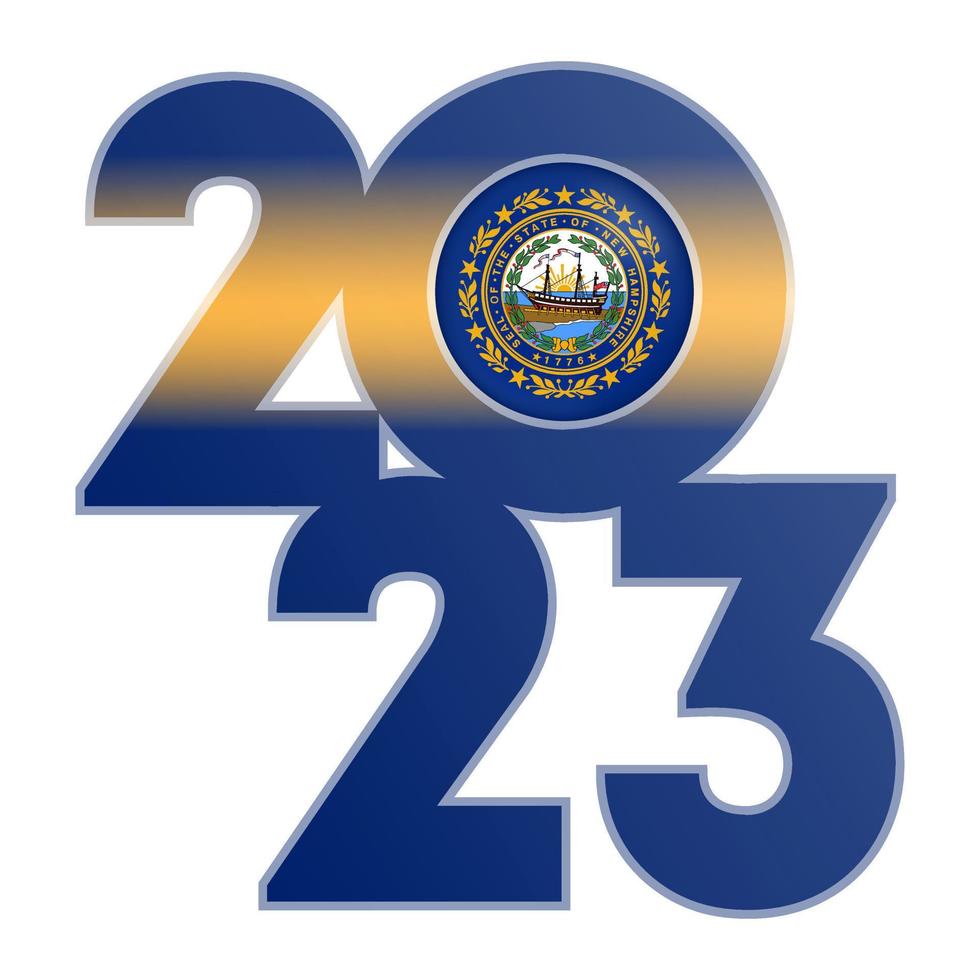 2023 banner with New Hampshire state flag inside. Vector illustration.