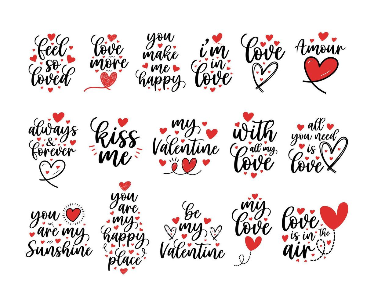 hand lettering día de san valentín amor corazón tipografía conjunto citas caligrafía día de san valentín tarjeta de felicitación fondo vector