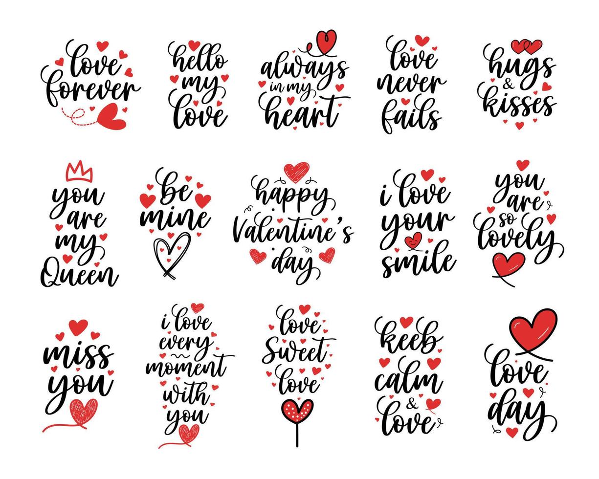 Hand lettering valentines day love heart typography set quotes calligraphy valentine's day greeting card background vector