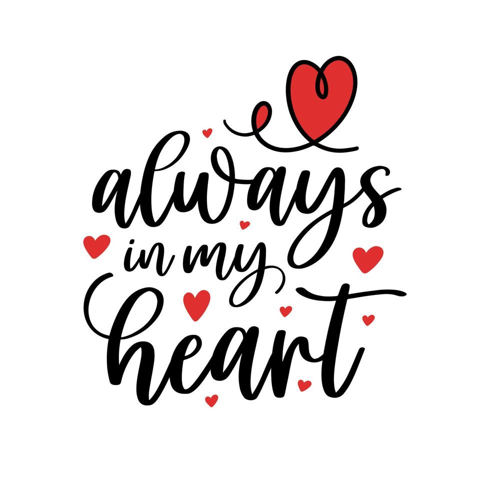 Hand lettering valentines day love in my heart typography quotes calligraphy valentine's day greeting card background vector