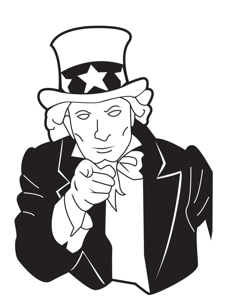 Black and white vector illustration of uncle sam pointing