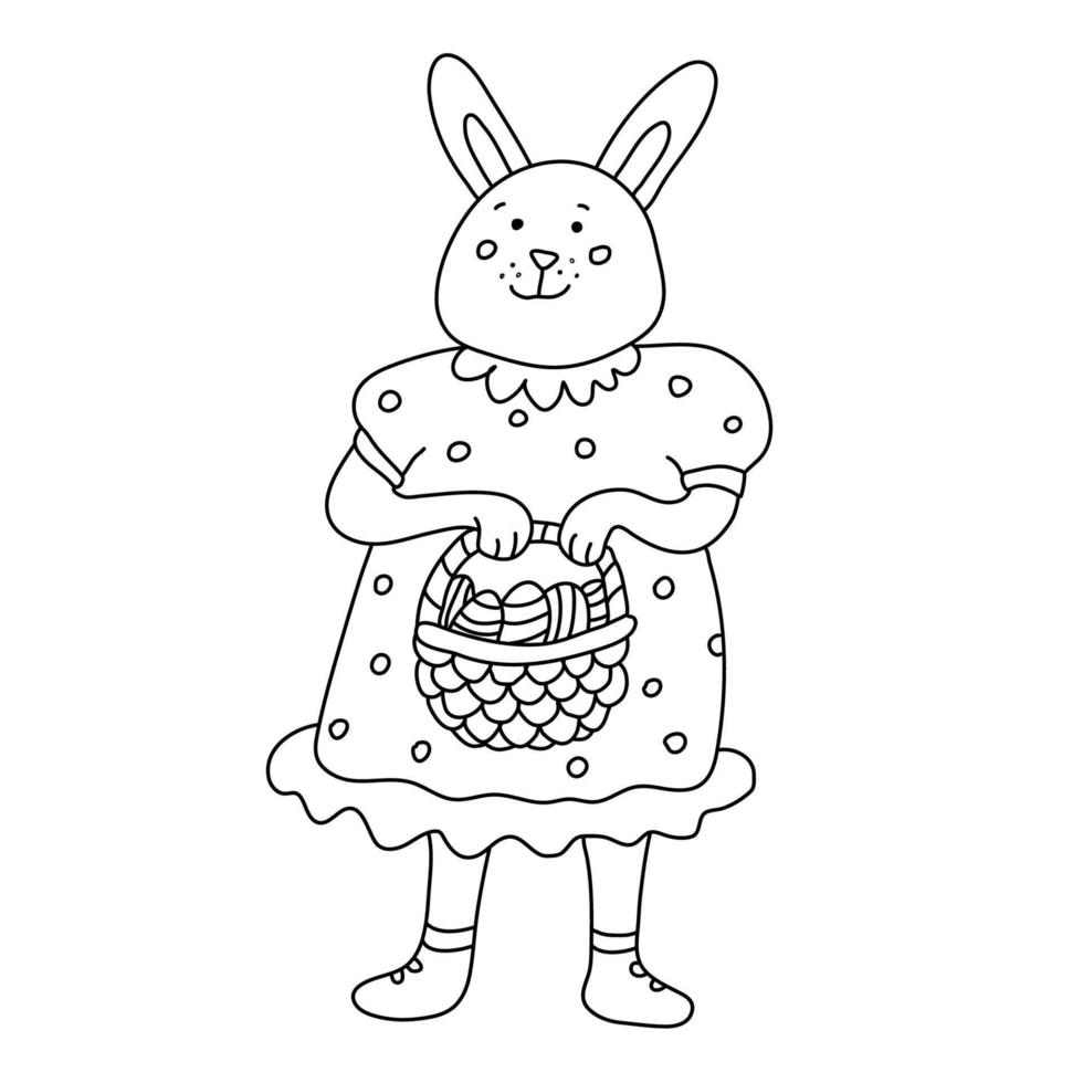 An funny smiling female rabbit or bunny with an Easter basket with eggs. She is wearing a polka dots dress. Hand drawn vector illustration isolated on white background. Doodle style. Black outline.