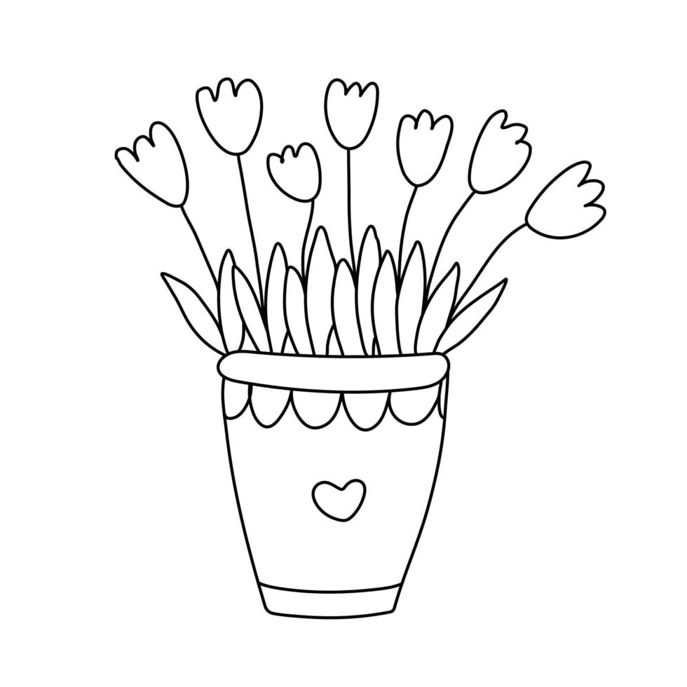 Nice tulips are in a pot decorated with a heart. Vector hand drawn illustration isolated on white. Black outline. Doodle style. Great for spring and Easter design, coloring books