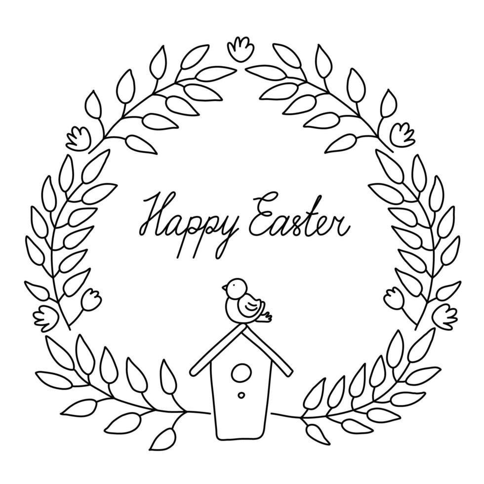 Easter wreath with a birdhouse and a bird on it in doodle style. Isolated outline. Hand drawn vector illustration on white. Great for Easter greeting cards, coloring books. Happy Easter lettering.