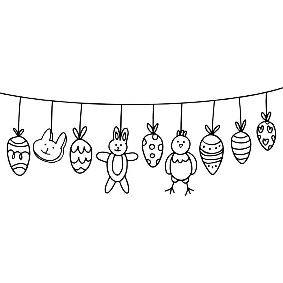 A nice garland with rabbits, chicken and eggs in doodle style. Great for Easter greeting cards. Hand drawn vector illustration in black ink. Isolated outline.