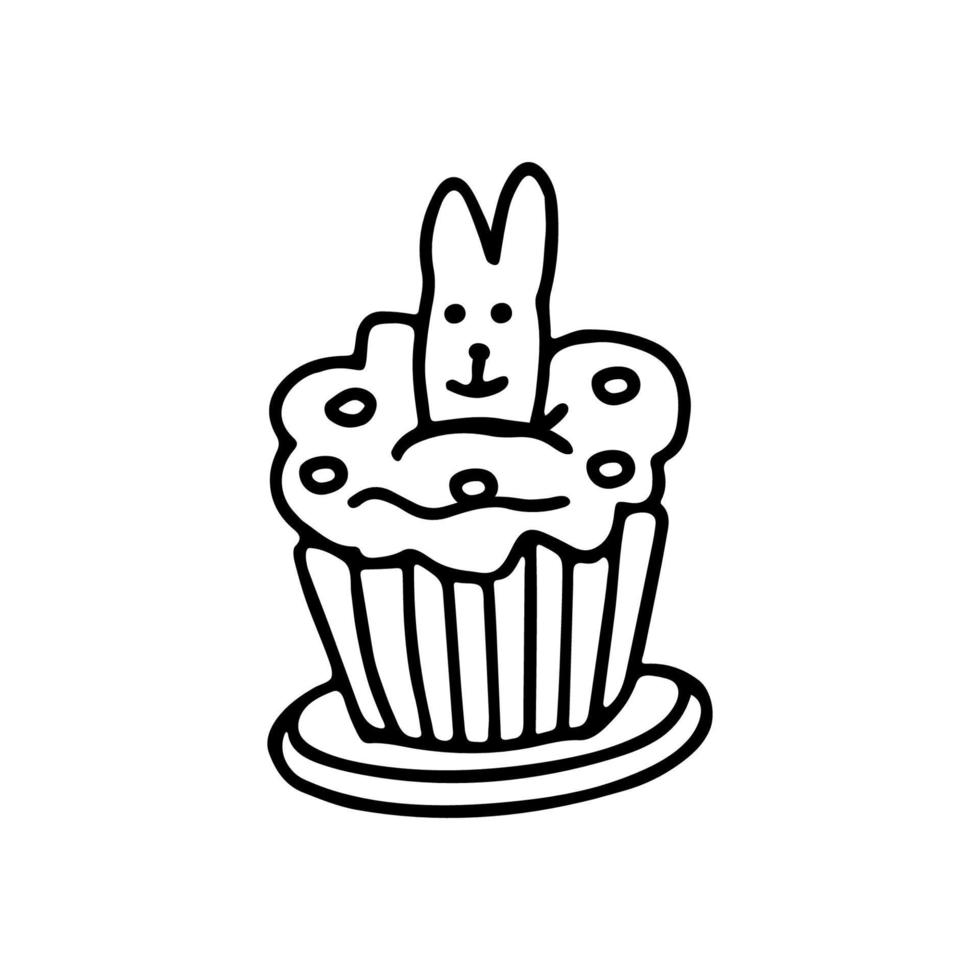 Easter cupcake decorated with whipping cream, a rabbit biscuit and jelly beans in doodle style. Great for Easter greeting cards. Hand drawn vector illustration in black ink. Isolated outline