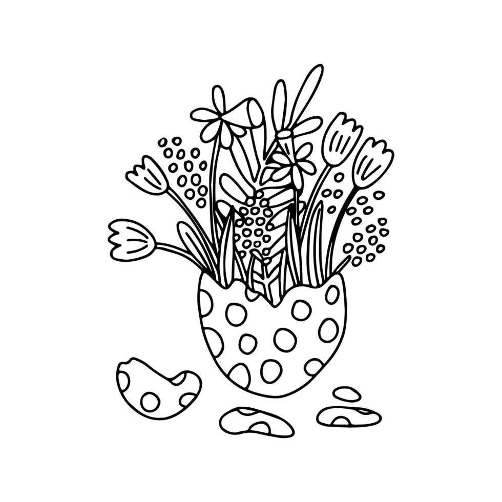 Hand drawn vector illustration of a bouquet of spring flowers in an eggshell. Great for Easter greeting cards and posters. Isolated on white, doodle style