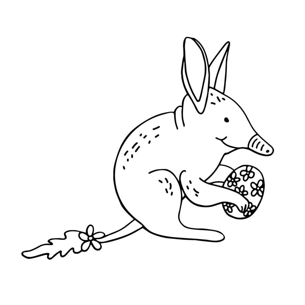 Hand drawn vector illustration of a cute easter bilby holding an eeg decorated with flowers isolated on white background. Great for Easter greeting cards, posters, coloring books. Doodle style