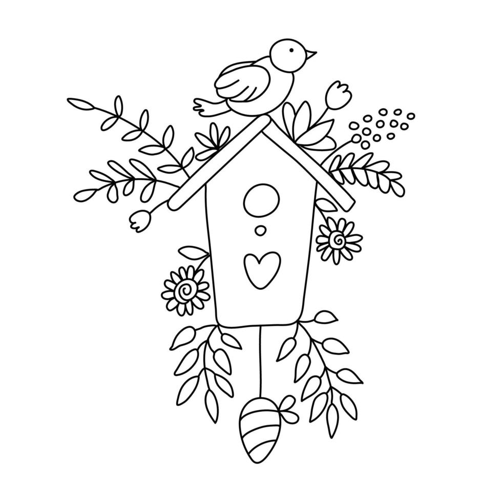 Nice birdhouse decorated with spring branches, flowers and a bird on it