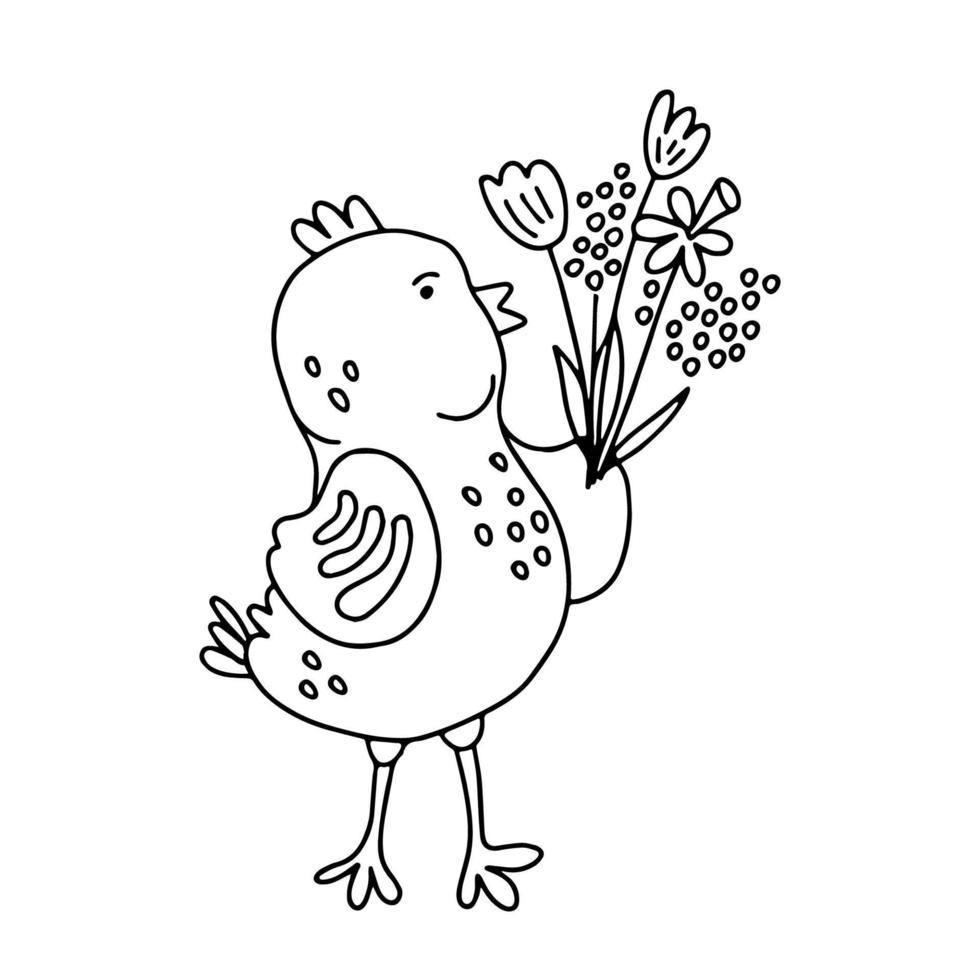 Hand drawn vector illustration of a cute little chicken with a bouquet of flowers isolated on white. There are tulips, mimosa and narcissus. Great for Easter greeting cards and posters. Doodle style.