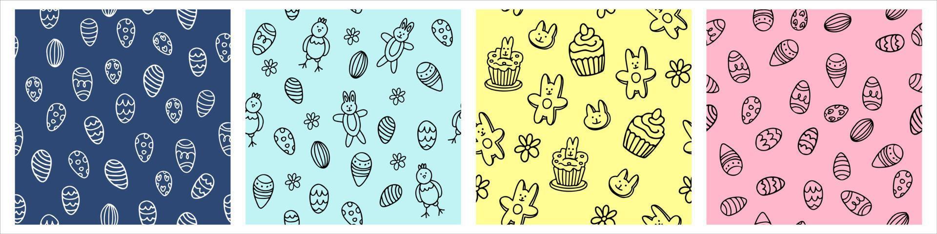 Set of vector seamless patterns with different easter treats such as eggs, biscuits, cakes. Great print for fabric, wrapping papers, wallpapers, covers. Doodle style in black ink, color backgrounds.