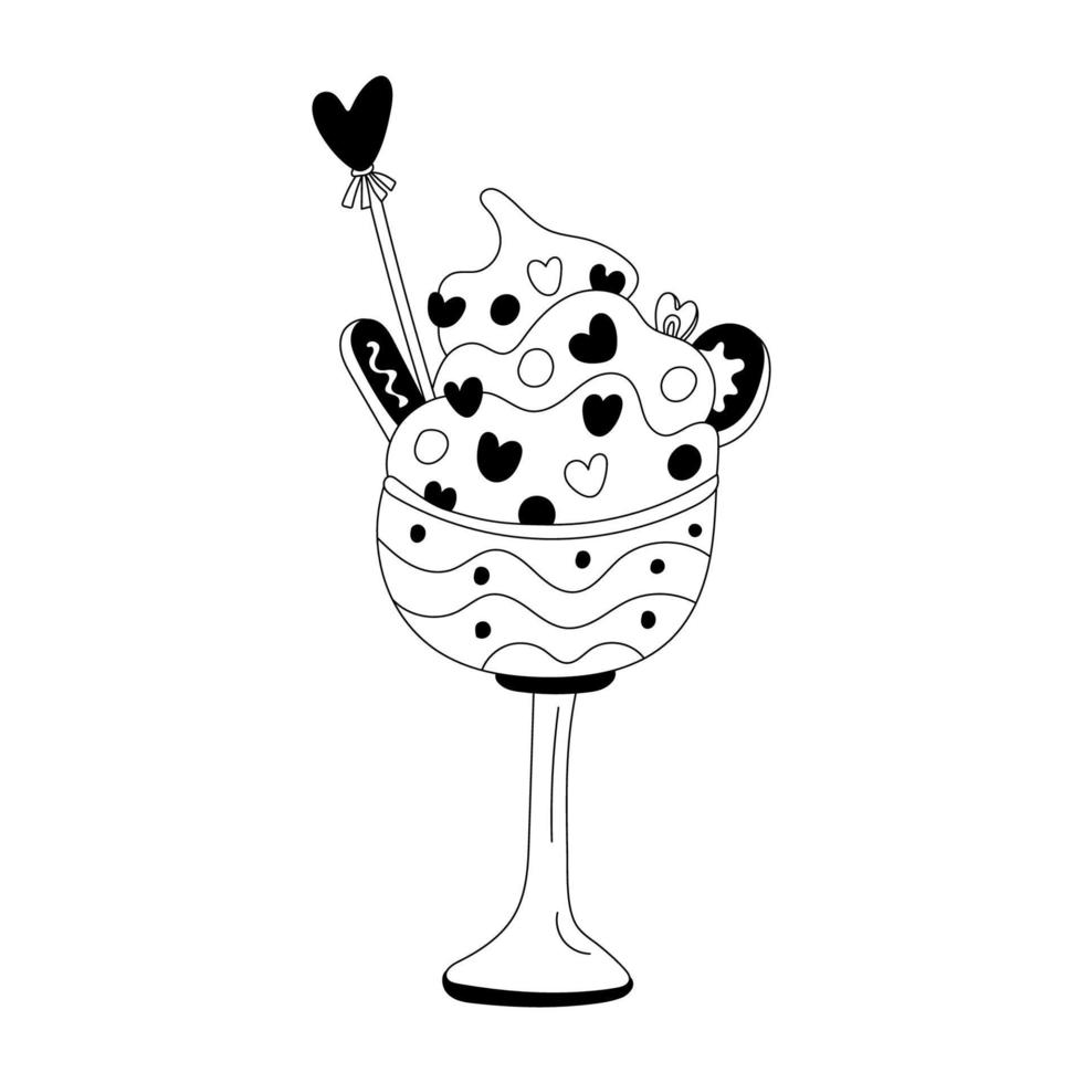 postre decorado con crema batida y corazones en copa de helado, cuenco. decoración del día de san valentín. ilustración de fideos vectoriales para carteles y diseño de tarjetas de felicitación aislado en blanco. contorno negro vector