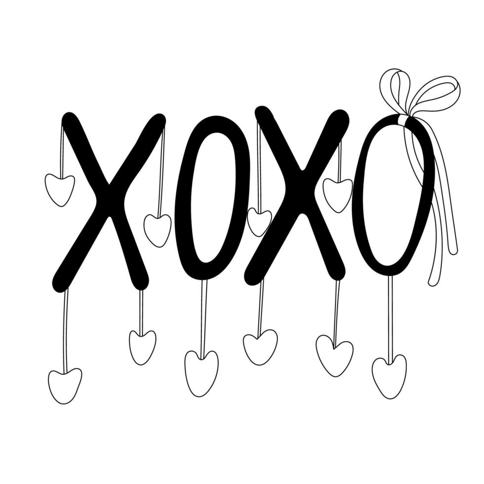 XOXO lettering or phrase decorated with hearts and ribbon bow. Valentine's day decoration. Vector doodle illustration for posters and greeting cards design isolated on white. Black outline.