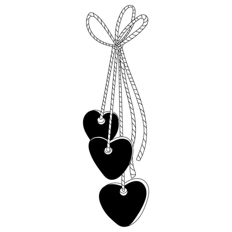 Hearts hanging on a rope. Valentine's day decoration. Vector doodle illustration for posters and greeting cards design isolated on white. Black outline.