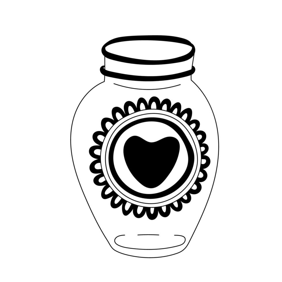 Glass jar decorated with heart. Valentine's day decoration. Vector doodle illustration for posters and greeting cards design isolated on white. Black outline.