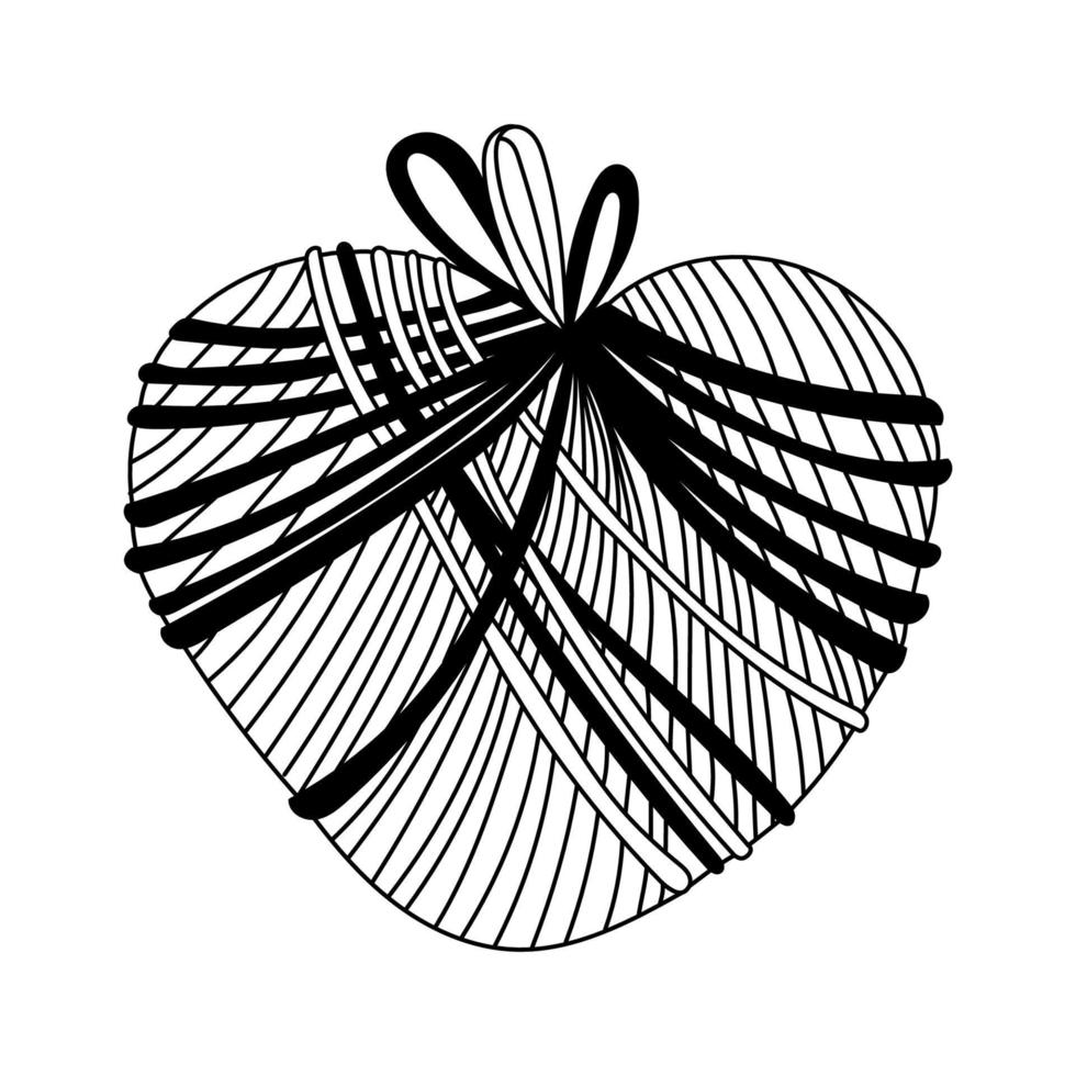 Heart wrapped in ribbons. Valentine's day decoration. Vector doodle illustration for posters and greeting cards design isolated on white. Black outline.