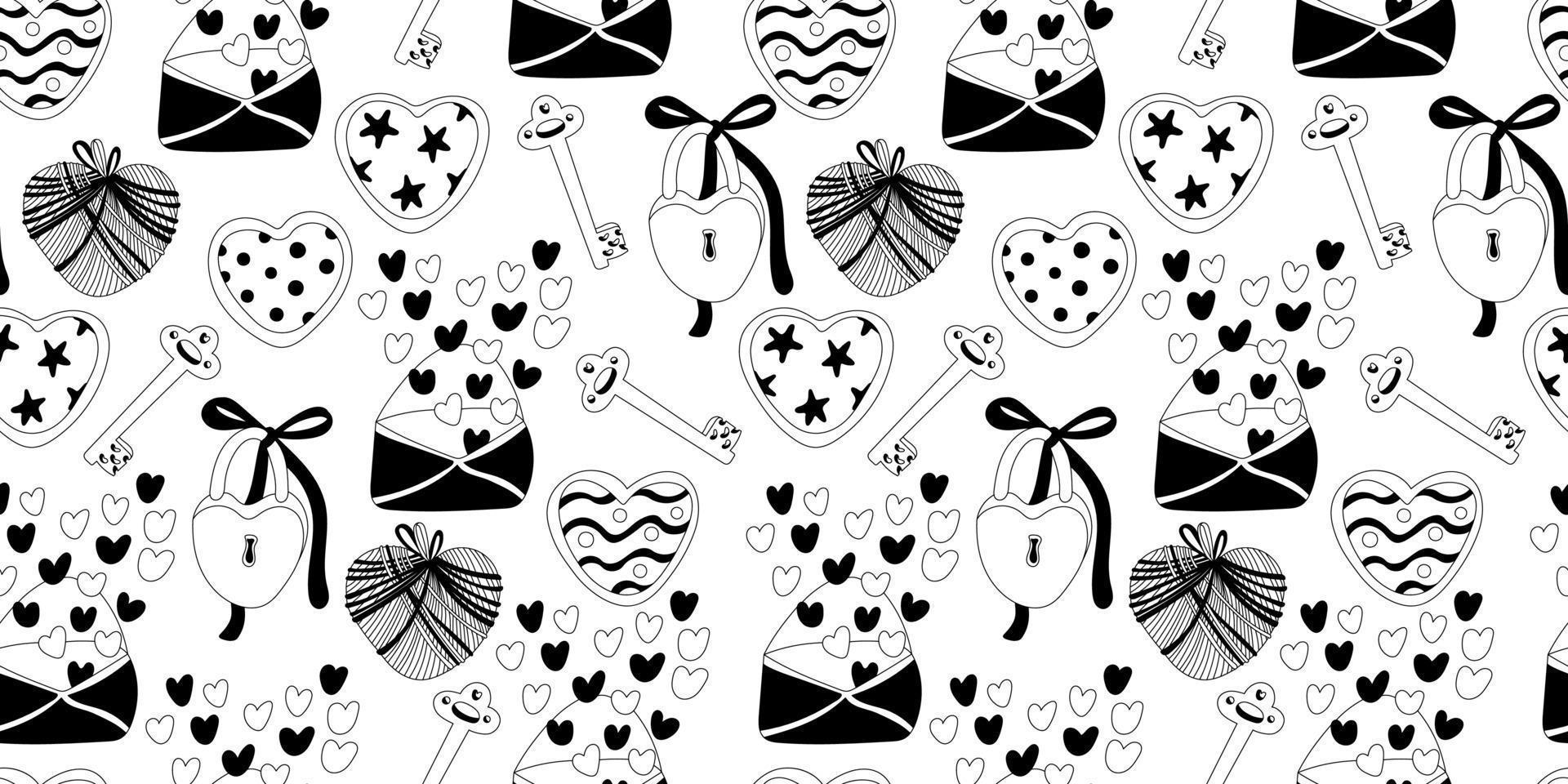 Seamless pattern decorated with padlocks, keys, envelopes, hearts. Valentine's day decor. Great for fabrics, wrapping papers, wallpapers, covers. Doodle style illustration black outline vector