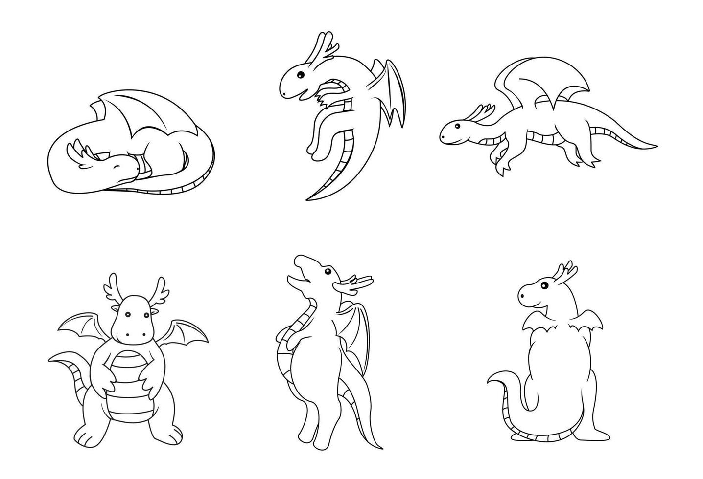 Black and white vector illustration of dragon set