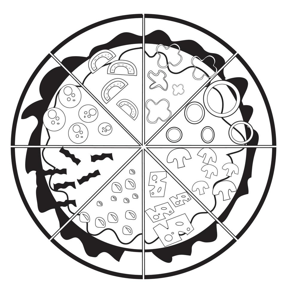 Black and white vector illustration of pizza