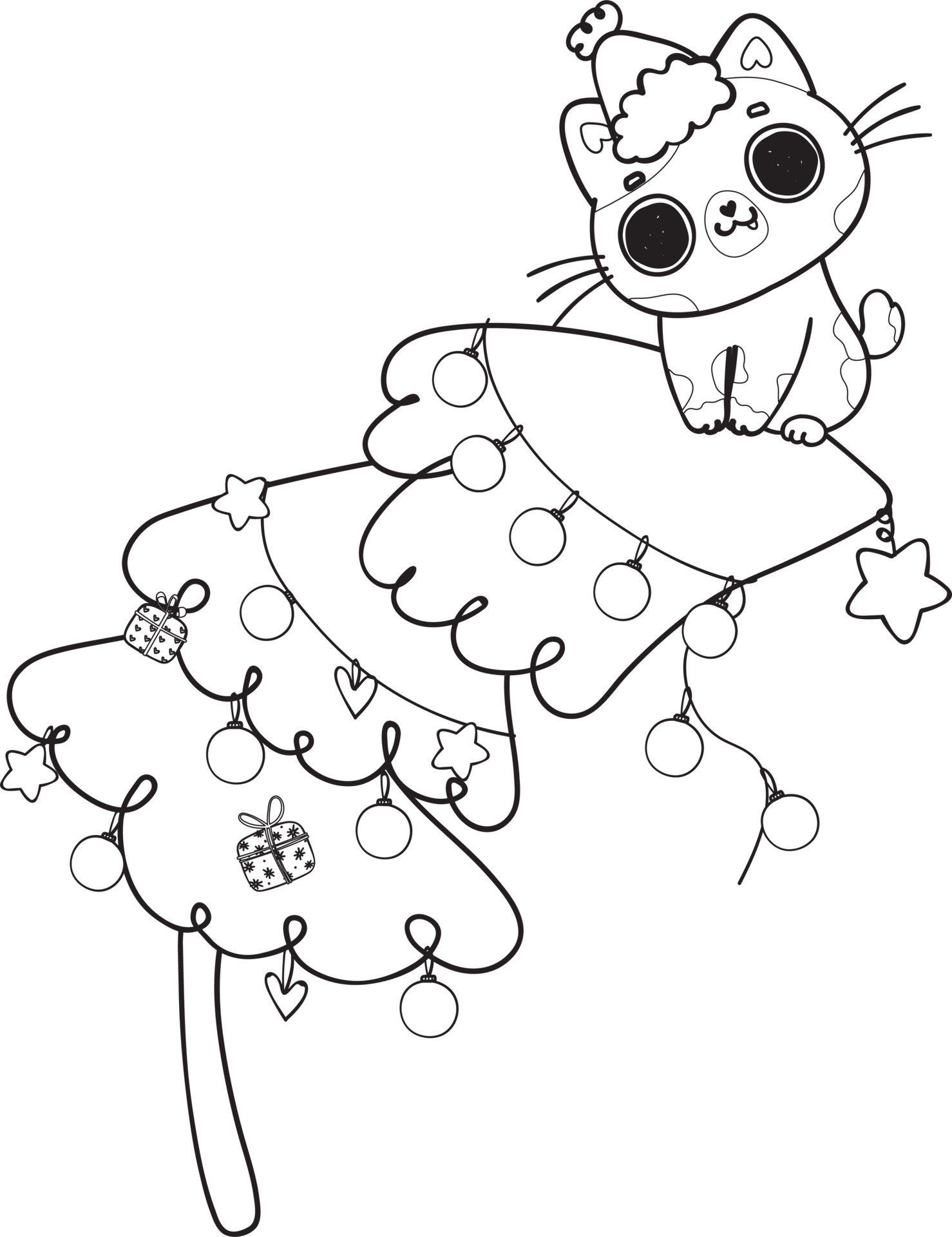 Free cute Christmas naughty cat on pine tree cartoon doodle outline hand drawn 18968960 PNG with