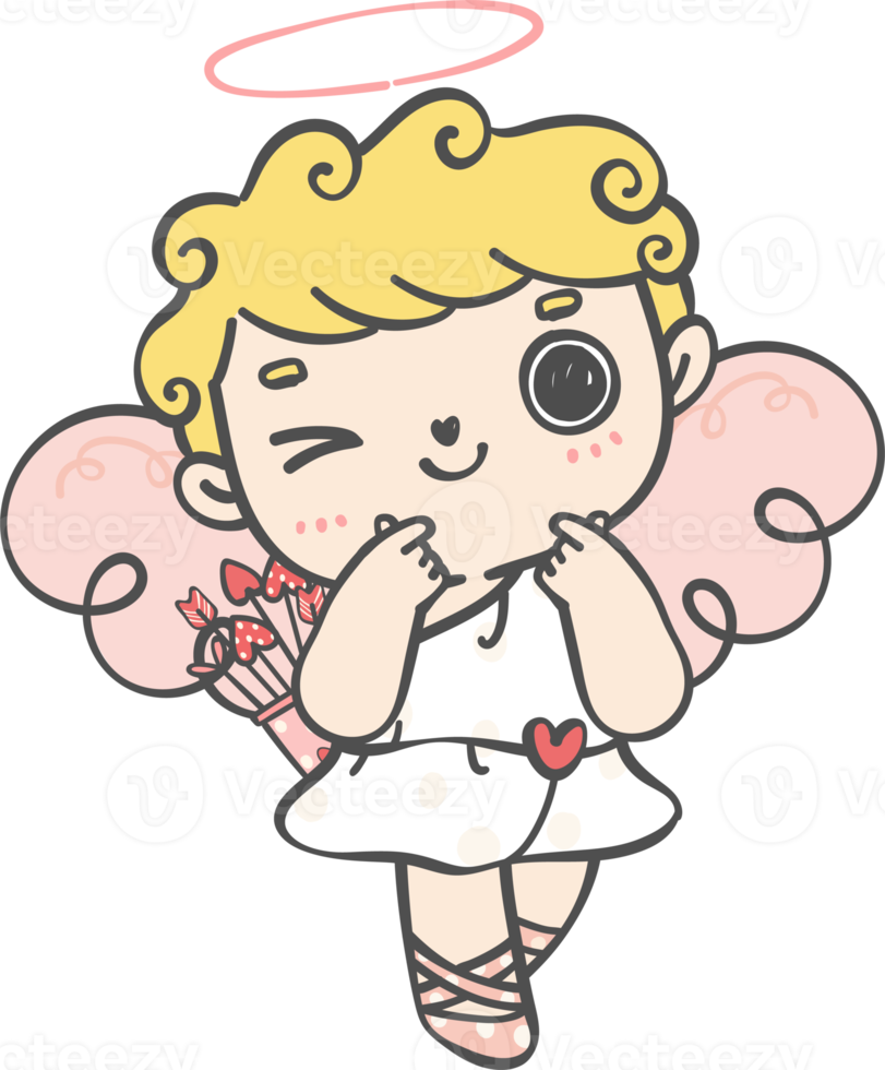 cute happy Valentine love cupid boy curly hair with arrow cartoon doodle hand drawing png