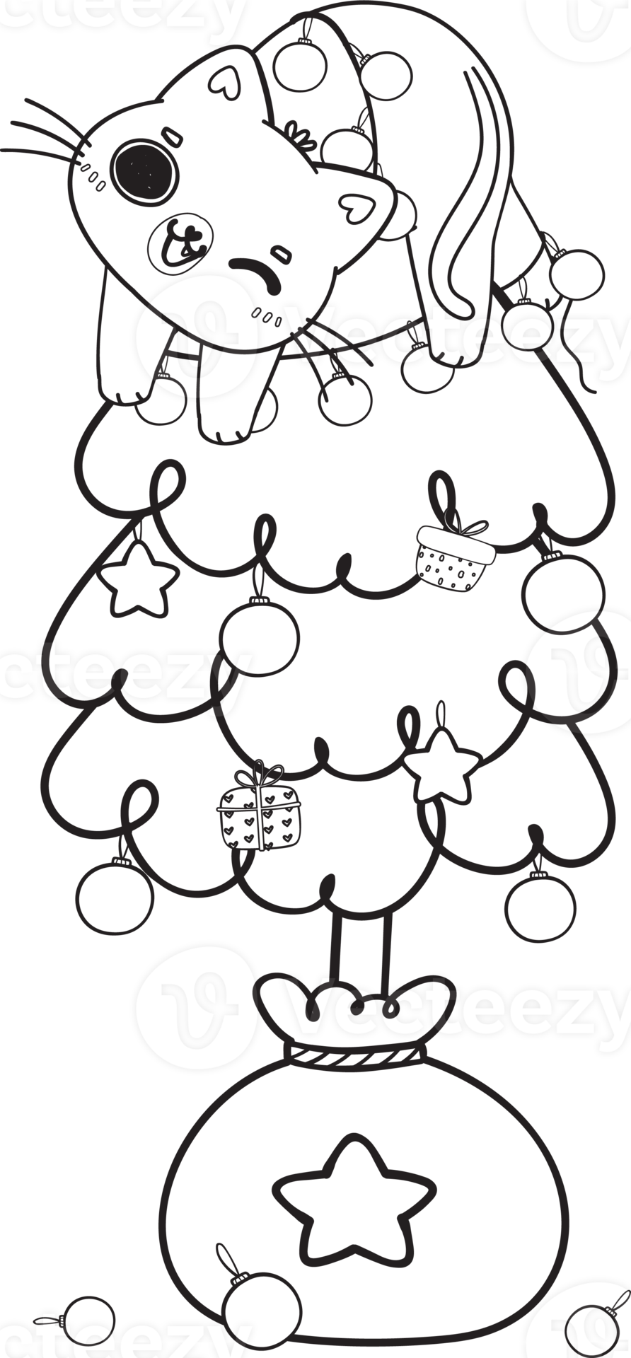 Free cute Christmas naughty cat on pine tree cartoon doodle outline hand drawn 18968966 PNG with