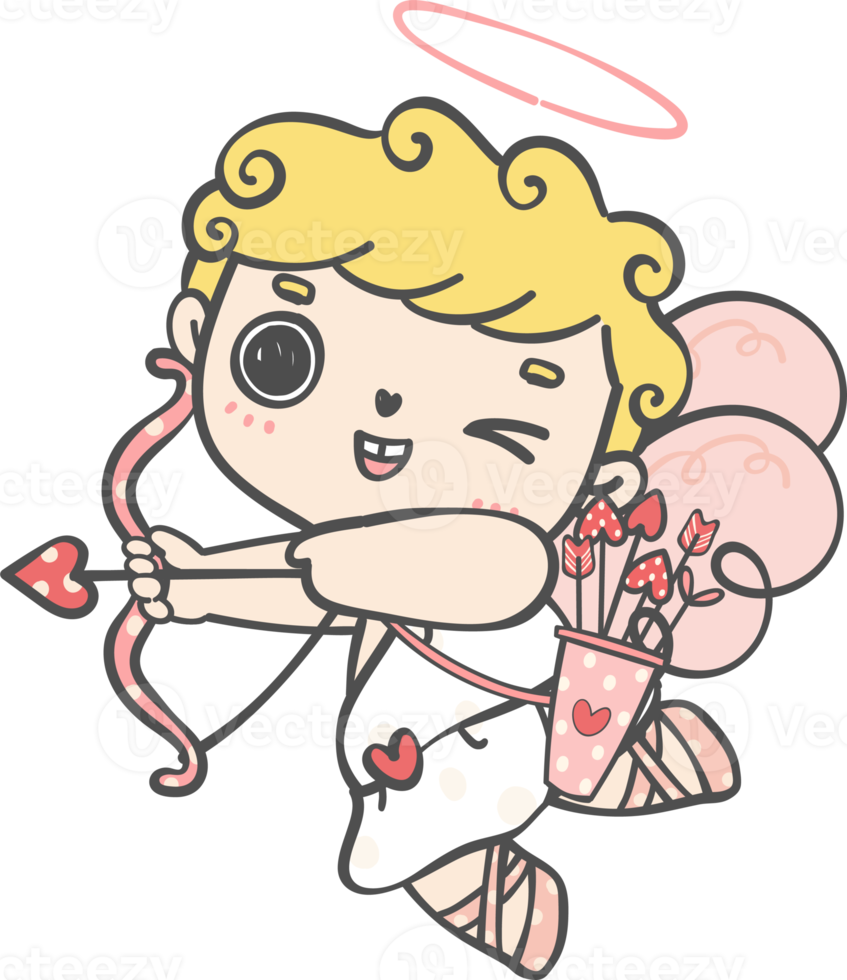 cute happy Valentine love cupid boy curly hair with arrow cartoon doodle hand drawing png