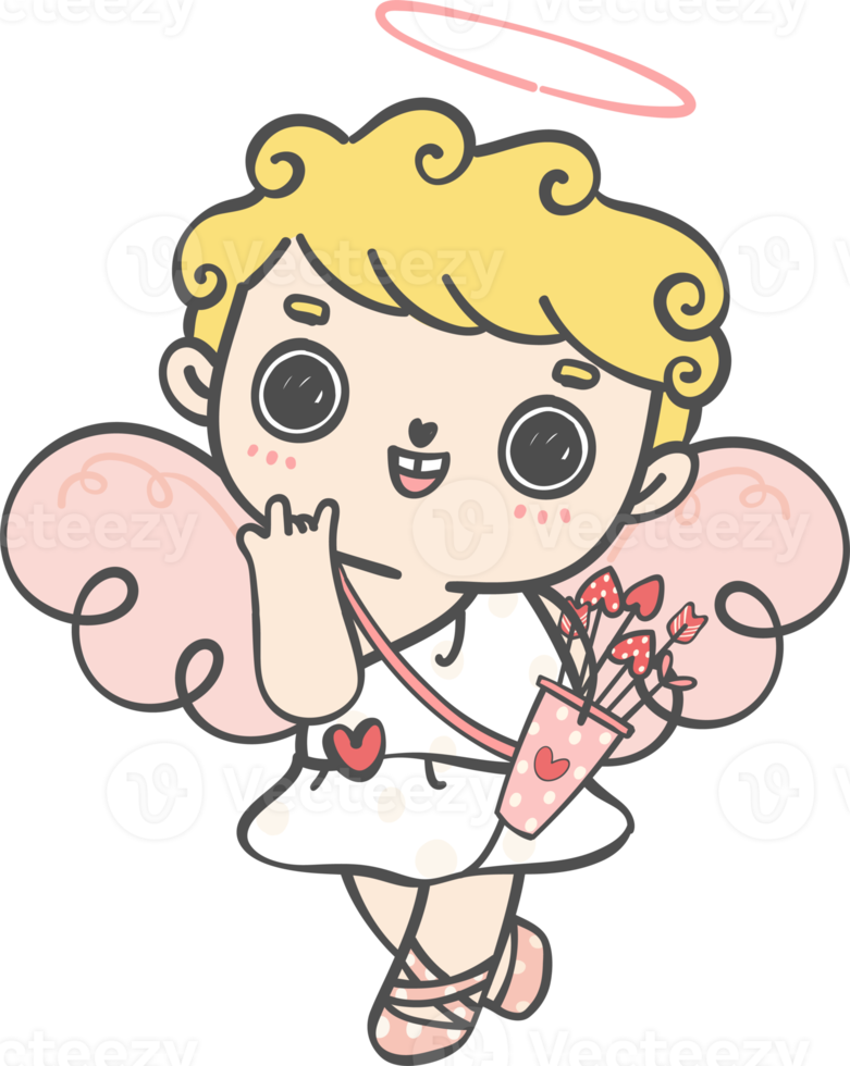 cute happy Valentine love cupid boy curly hair with arrow cartoon doodle hand drawing png