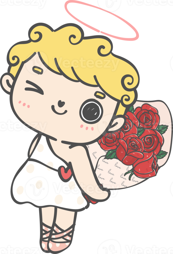 cute happy Valentine love cupid boy curly hair with arrow cartoon doodle hand drawing png