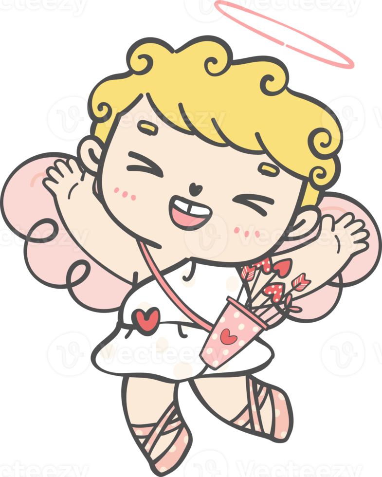 cute happy Valentine love cupid boy curly hair with arrow cartoon doodle hand drawing png